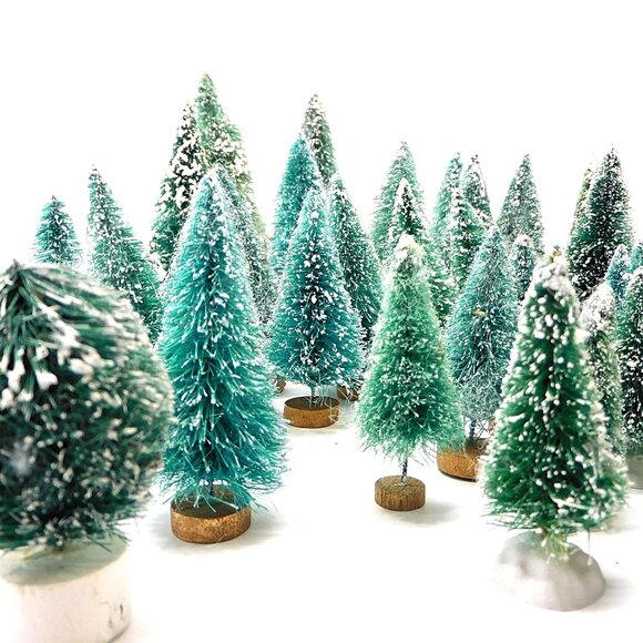 Set Of 46 Vintage Bottle Brush Trees Flocked Various Bases 2 - 6" - Picture 4 of 8